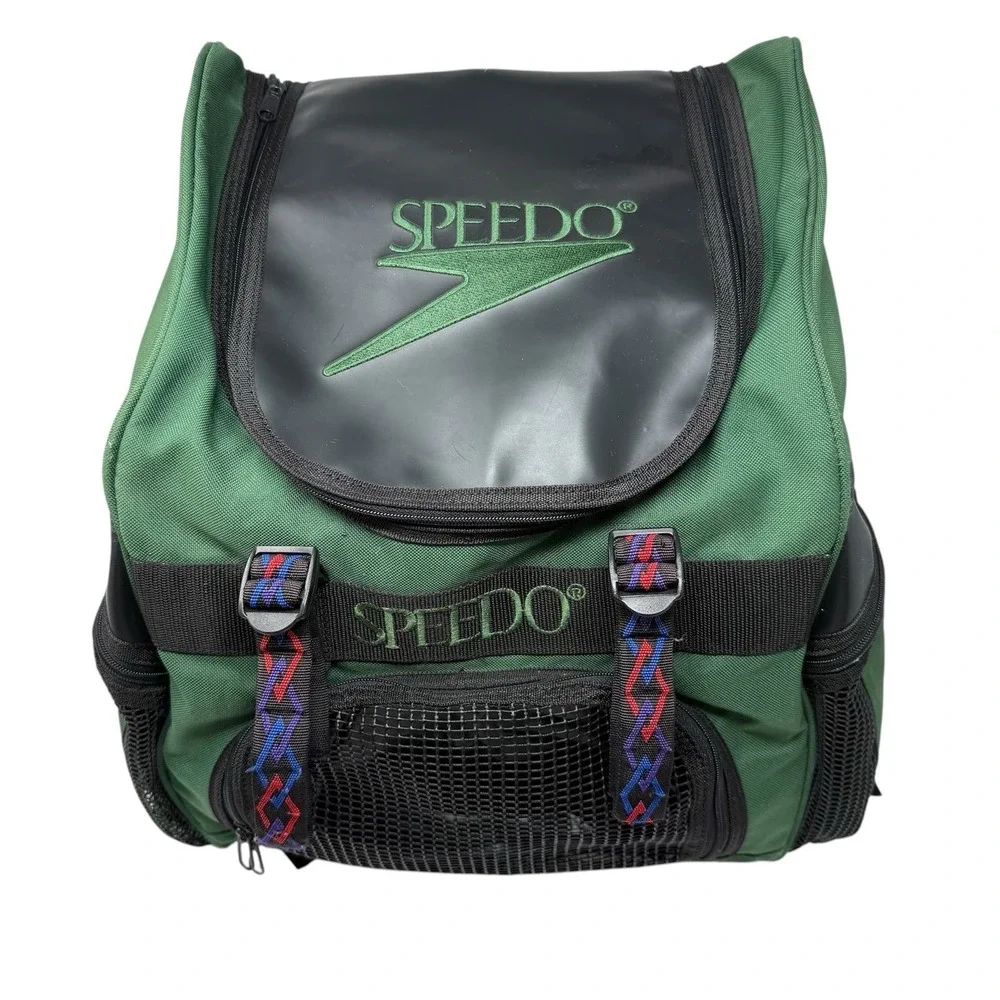 Vintage Speedo Large green Backpack Book Bag Swim Bag Sports 1990s Tribal Straps